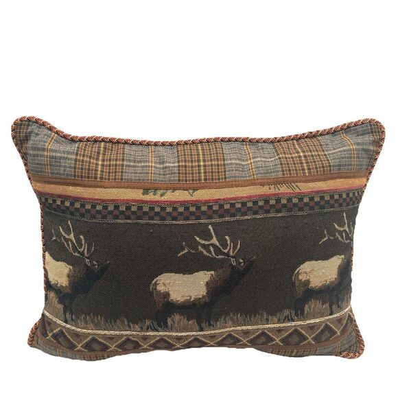 Croscill Caribou Elk Design Throw Pillow Plaid Throw Pillow Cabin Rustic Earthy - Picture 1 of 4